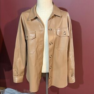 Tan Button-Up Shacket Jacket PU/Poly Blend Leather-Look Size Small